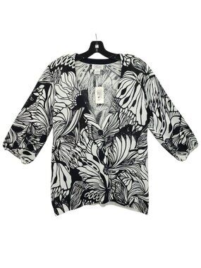 Foxcroft Cardigan Womens XL Sweater Black White Floral Art To Wear Knit Top NEW